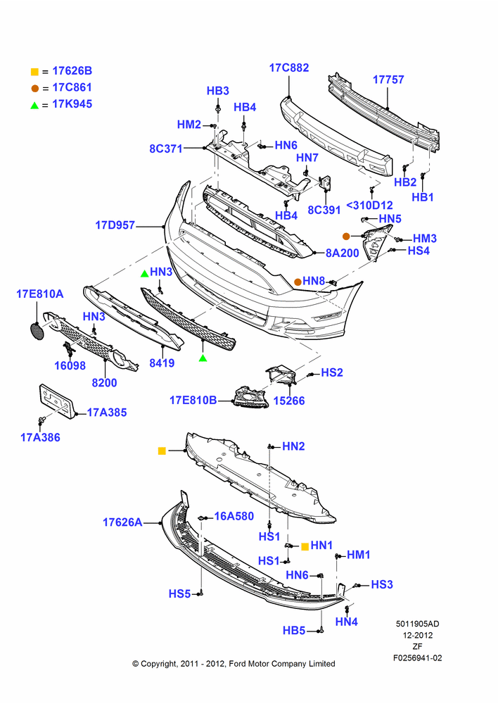 05AD - Radiator Grille and Front Bumper, GT, Less Appearance Group, With Boss Package; 27/FEB/2012-27/JUN/2014