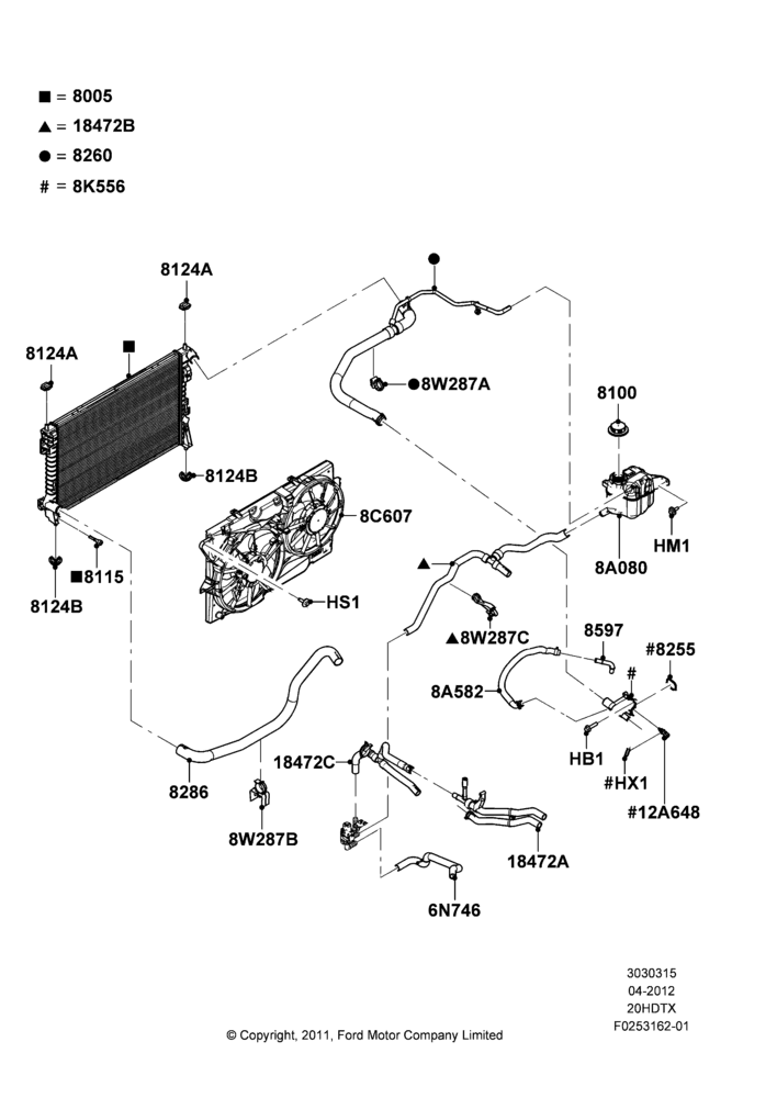 15B - Radiator/Coolant Overflow Container, 2.0L EcoBoost (240PS); 16/APR/2012-01/MAR/2019