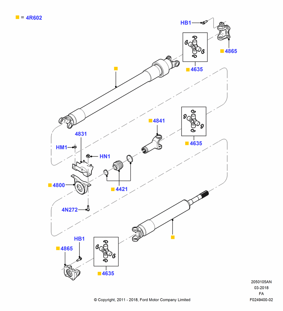 05AN - Drive Shaft - Rear Axle Drive, 172"/4369MM Wheelbase, 6.7L 4V V8 T/C Diesel, Ford 350 Series, LHD 4WD (Part Time Drive), With Double Rear Wheels, 2 Piece Driveshaft; 03/MAR/2011-17/MAR/2014