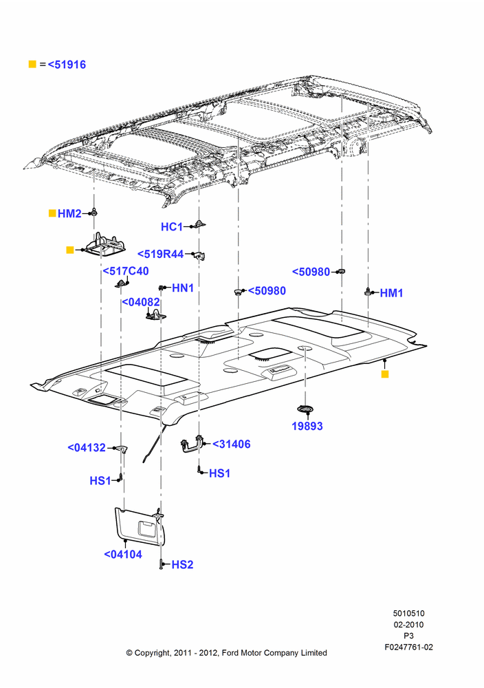 10D - Headlining and Sun Visors, VISTA FRT PWR TILT/SLD/FIXD RR; 29/FEB/2012