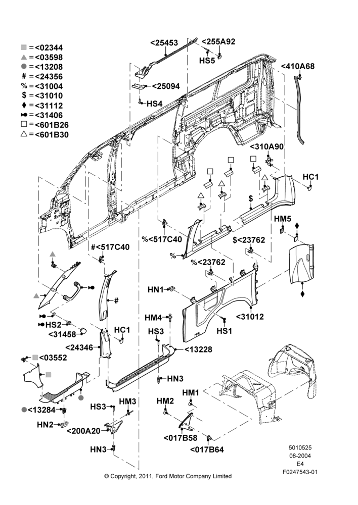 25K - Side Trim, Chateau, Regular Wagon, RH Sliding Side Cargo Door, XL, XLT, RH Side Only; 02/AUG/2004-18/AUG/2008