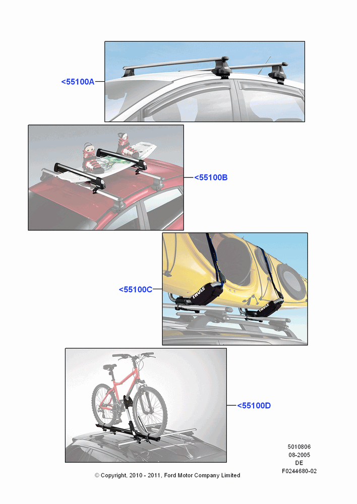 06A - Accessory Roof Rack Mounting Kits, Cross Bar, Ski Racks, Bike Racks, Wheel Holder, Kayak And Canoe Carrier, Removable Roof Rack (Multi Sport); 01/AUG/2005-29/JUL/2012