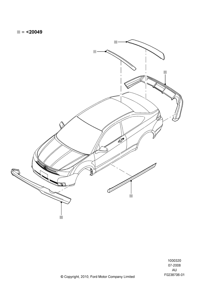 20XQ - Body Dress Up Kits - Front, Coupe, Less Version Packages, Includes Front Fascia, Rear Fascia and Rocker Panels, Accessory, Set Of 6 Pieces; 21/JUL/2008-20/JUL/2009