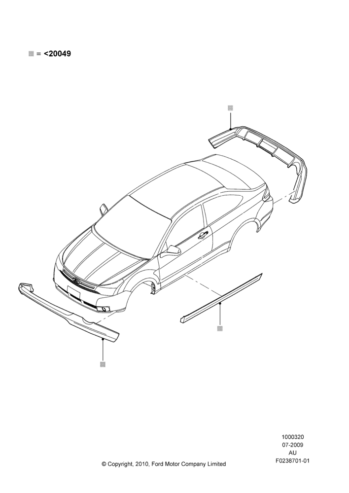 20XK - Body Dress Up Kits - Front, Coupe, Less Version Packages, Includes Front Fascia, Rear Fascia and Rocker Panels, Accessory, Set Of 4 Pieces; 20/JUL/2009-28/JUN/2010