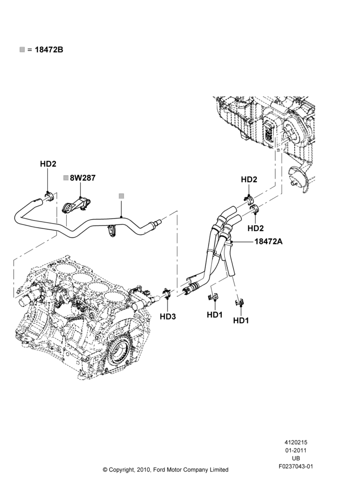 15D - Heater Hoses, Less Immersion Heater, 2.0L EcoBoost (240PS); 13/JUN/2011-04/MAY/2015