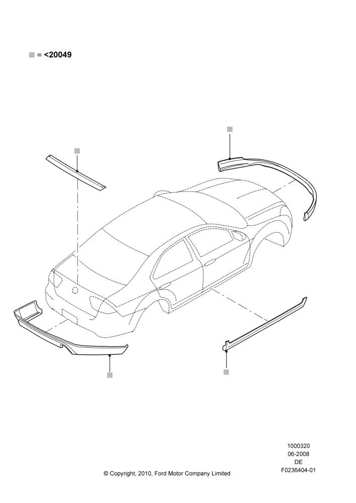 20MM - Body Dress Up Kits - Front, Mercury Division Derivative, Includes Front Fascia, Rear Fascia and Rocker Panels, Set Of 5 Pieces, With One Exhaust Cut-Out; 02/JUN/2008-04/FEB/2009