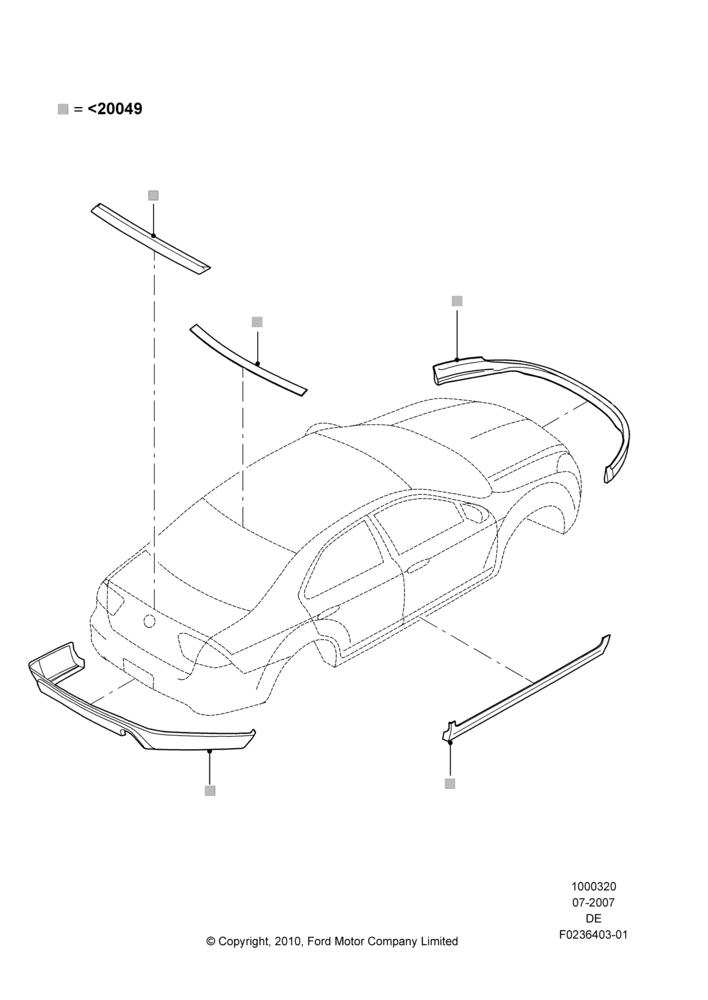 20ML - Body Dress Up Kits - Front, Mercury Division Derivative, Includes Front Fascia, Rear Fascia and Rocker Panels, Set Of 6 Pieces, With One Exhaust Cut-Out; 16/JUL/2007-02/JUN/2008