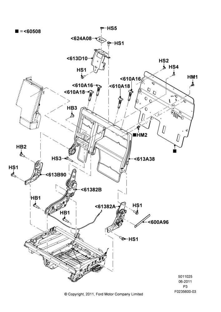 25F - Rear Seat Back, 2nd Row 60/40 (3 P) Folding Seat, 60% Seat, LH; 13/JUN/2011-02/DEC/2012