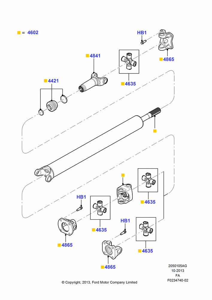 05AG - Drive Shaft - Rear Axle Drive, 137"/3480MM Wheelbase, 142"/3607MM Wheelbase, Ford 350 Series, LHD 4WD (Part Time Drive), With Single Rear Wheels, 1 Piece Driveshaft; 05/OCT/2010-05/JUL/2016