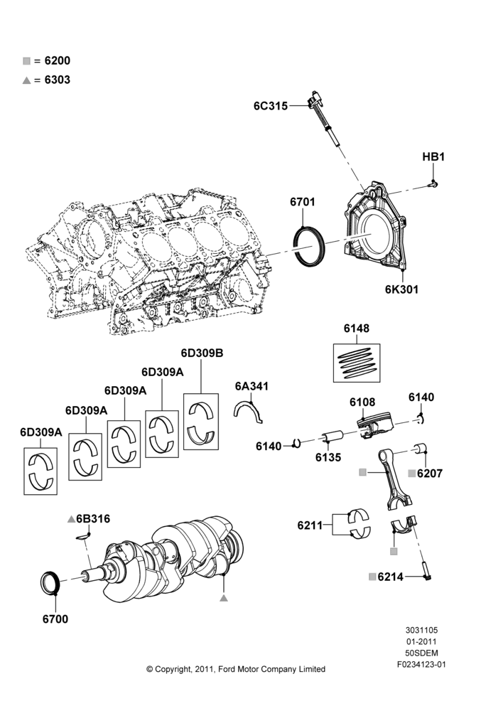 05B - Crankshaft/Pistons and Bearings, 5.0L V8 32V DOHC EFI Modular; 03/FEB/2011-27/JUN/2014
