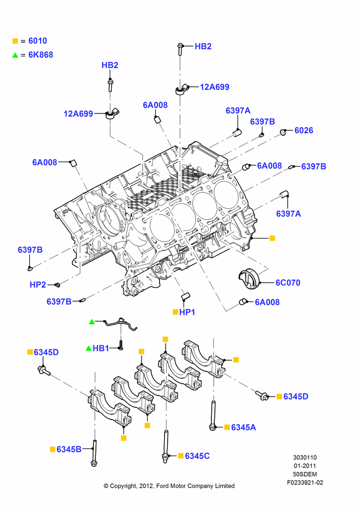 10B - Cylinder Block and Plugs, 5.0L V8 32V DOHC EFI Modular; 03/FEB/2011-27/JUN/2014