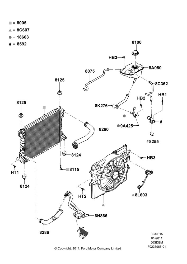 15B - Radiator/Coolant Overflow Container, 5.0L V8 32V DOHC EFI Modular; 03/FEB/2011-27/JUN/2014