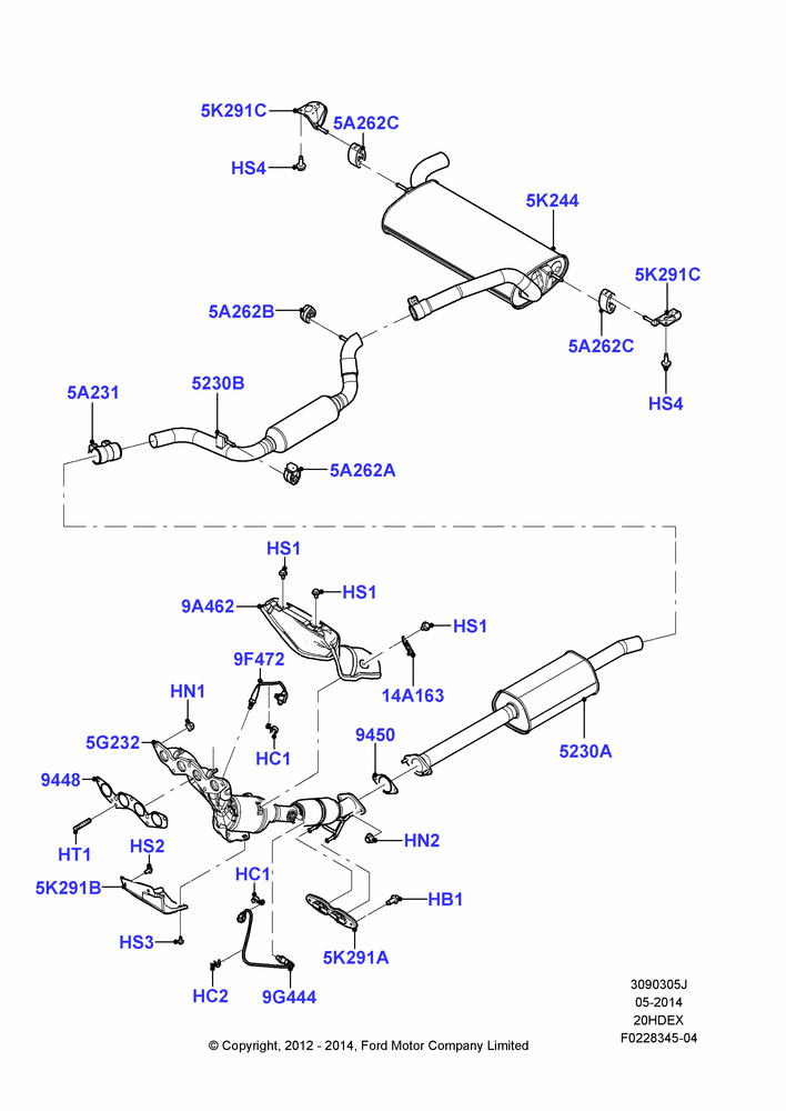 05J - Exhaust System, Less Evaporative Emissions, 2.0L I4 DI TIVCT Petrol 160PS; 31/JAN/2011-04/MAY/2018