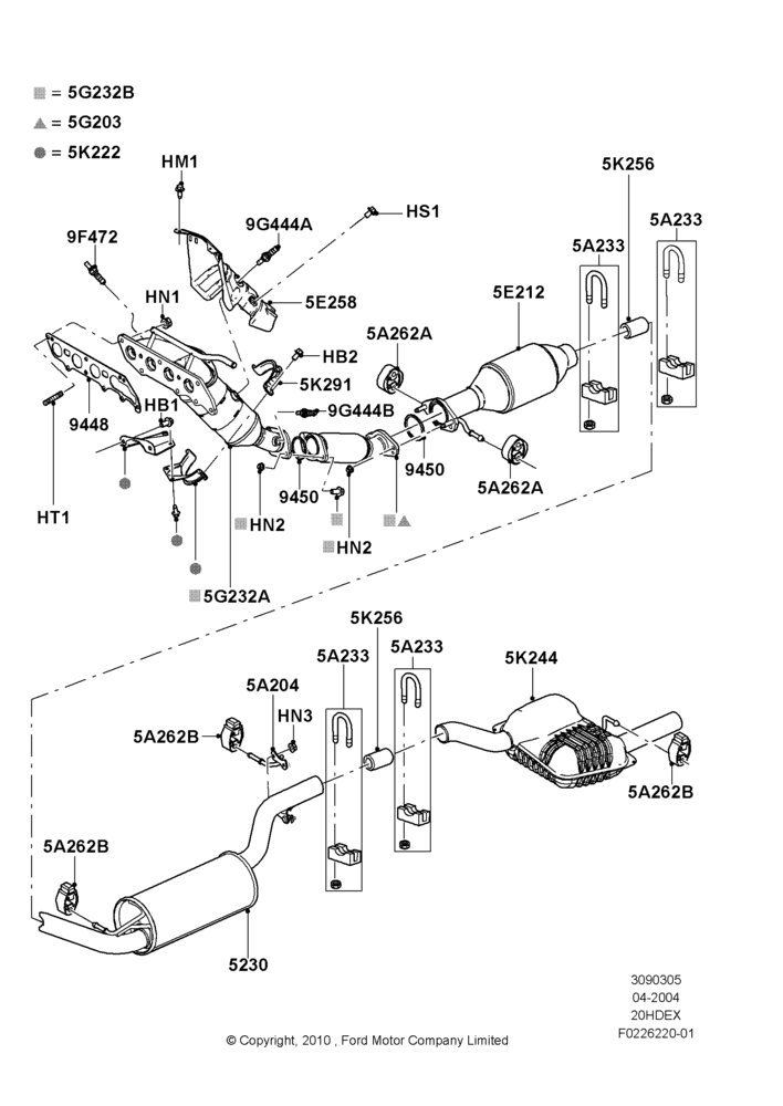 05C - Exhaust System, 2.0L Duratec HE (137PS), Less PZEV Evaporative Emission, With California/Green State Req; 05/APR/2004-18/JUL/2005