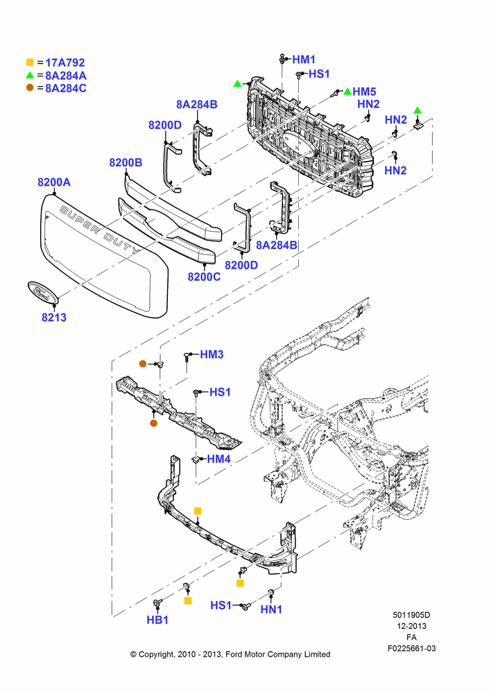 05D - Radiator Grille and Front Bumper, With Bright Front Grille, With Painted Front Grille, Grille - Bright Upper/BC Lower, With Satin Aluminum Grille, Front Grille, Production Installed; 22/FEB/2010-05/JUL/2016