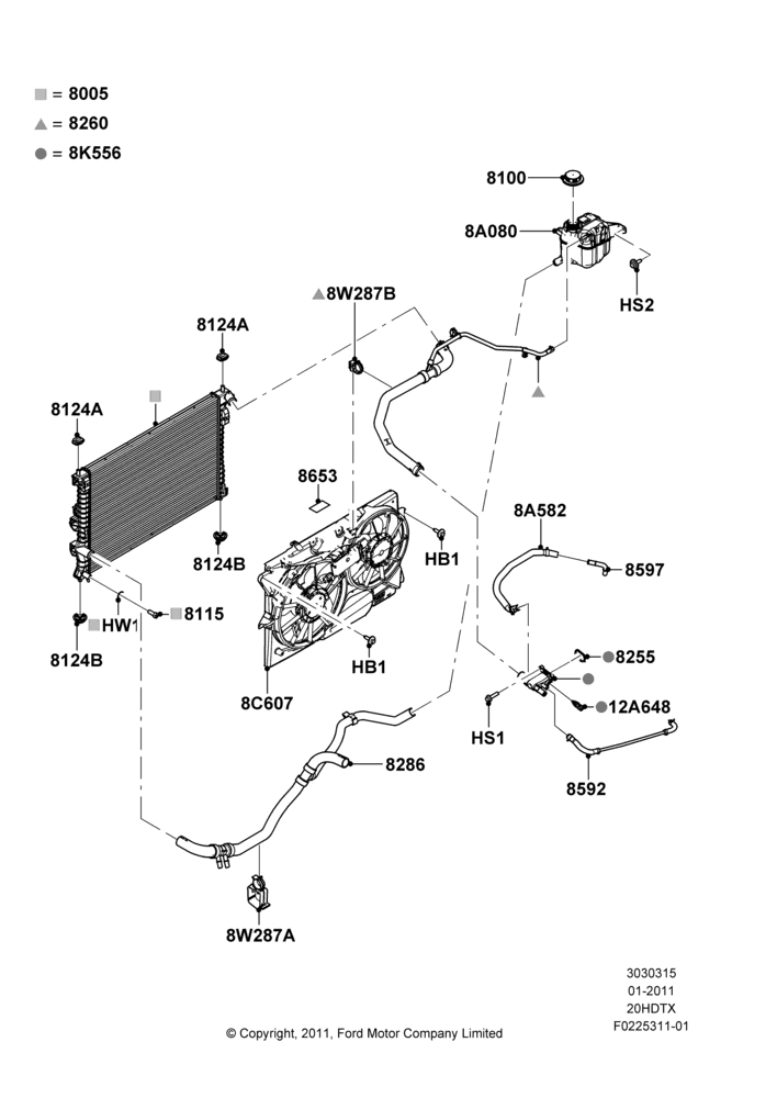 15B - Radiator/Coolant Overflow Container, 2.0L EcoBoost (240PS); 18/JUL/2011-02/MAY/2015