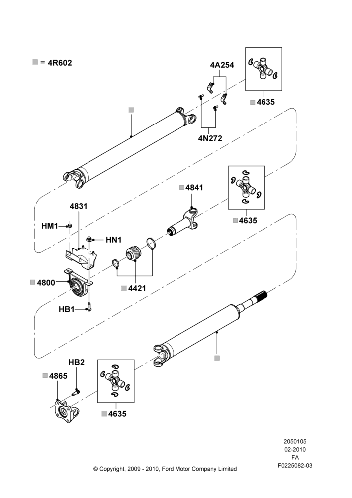 05AF - Drive Shaft - Rear Axle Drive, 201"/5105MM Wheelbase, Ford 550 Series, Ford 450 Series, LHD 4WD (Part Time Drive), 186" Wheelbase, 2 Piece Driveshaft; 22/FEB/2010-05/JUL/2016