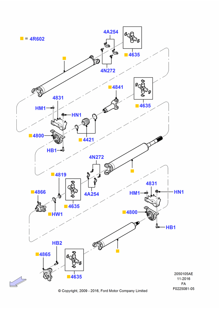 05AE - Drive Shaft - Rear Axle Drive, 201"/5105MM Wheelbase, Ford 550 Series, Ford 450 Series, LHD RWD, 186" Wheelbase, Three Piece Driveshaft; 22/FEB/2010-05/JUL/2016
