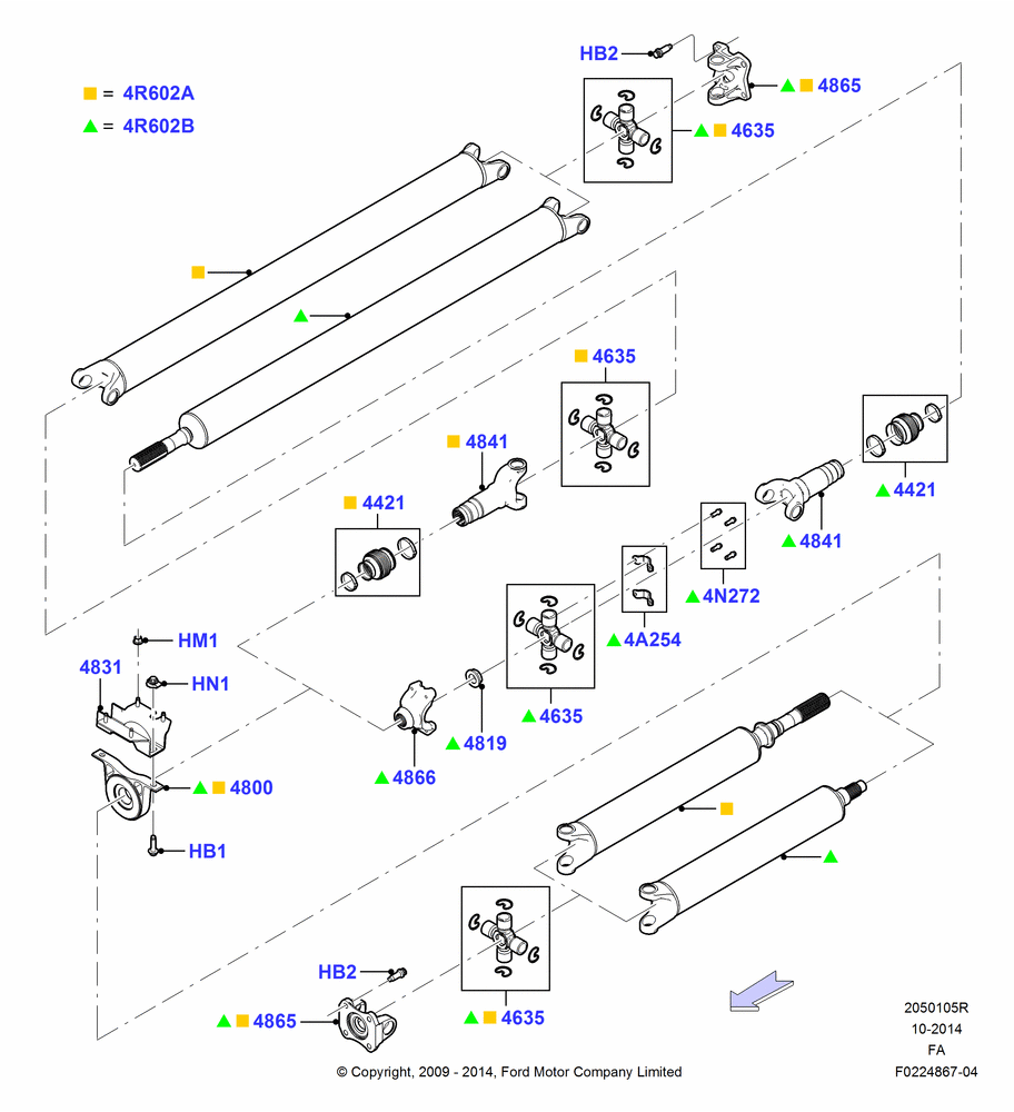 05R - Drive Shaft - Rear Axle Drive, 172"/4369MM Wheelbase, Ford 250 Series, LHD 4WD (Part Time Drive), 2 Piece Driveshaft; 22/FEB/2010-05/JUL/2016
