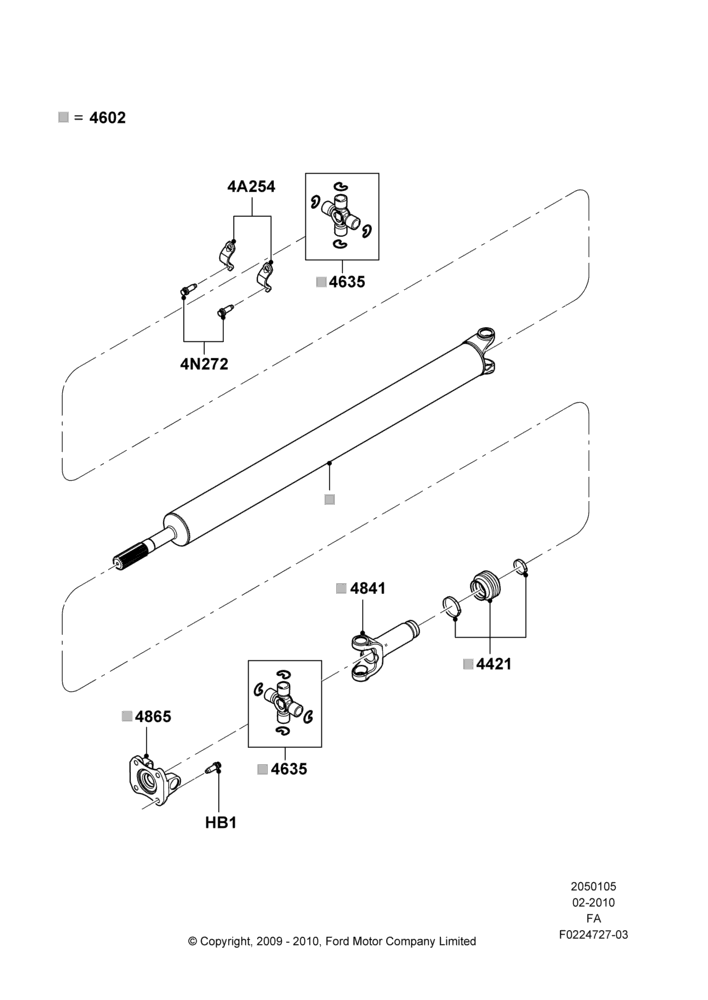 05H - Drive Shaft - Rear Axle Drive, 141"/3581MM Wheelbase, Ford 550 Series, Ford 450 Series, LHD 4WD (Part Time Drive), 1 Piece Driveshaft; 22/FEB/2010-05/JUL/2016