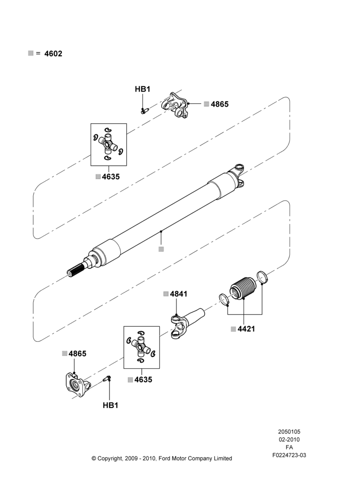 05D - Drive Shaft - Rear Axle Drive, 137"/3480MM Wheelbase, 142"/3607MM Wheelbase, Ford 250 Series, LHD 4WD (Part Time Drive), 1 Piece Driveshaft; 22/FEB/2010-15/JUL/2013