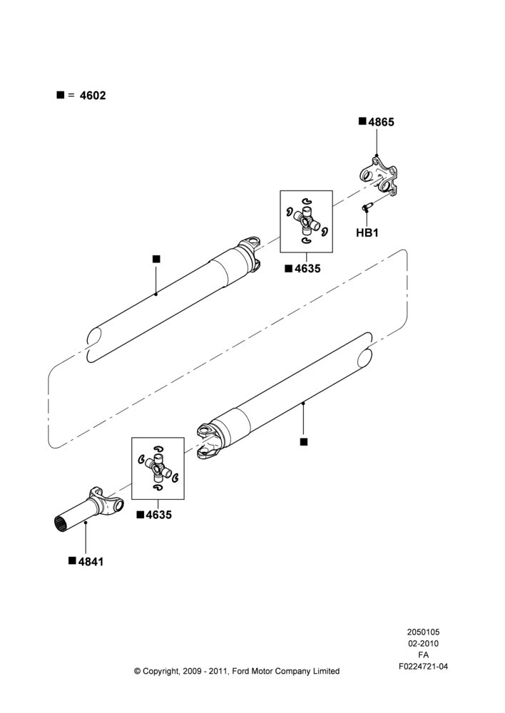 05B - Drive Shaft - Rear Axle Drive, 156"/3962MM Wheelbase, Ford 250 Series, Ford 350 Series, LHD 4WD (Part Time Drive), 1 Piece Driveshaft; 22/FEB/2010-05/JUL/2016