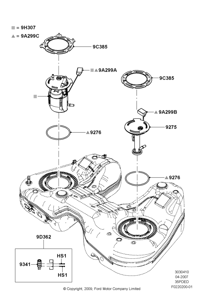 10E - Fuel Pump And Sender Unit, 3.5L 4V DOHC VCT SMPI V6 Gas, 4WD, With 49 State/Non Green State Req; 30/APR/2007-15/JUN/2009