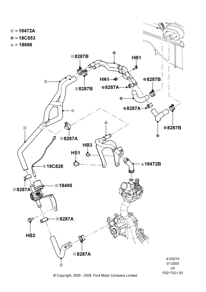 15P - Heater Hoses, All 6 Cylinder Gas Engines, Less Aux Overhead Heater And A/C, Less Engine Oil Cooler; 19/JUL/2005-16/DEC/2010