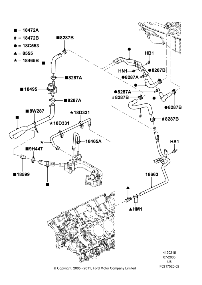 15N - Heater Hoses, All 8 Cylinder Gas Engines, Less Aux Overhead Heater And A/C; 19/JUL/2005-16/DEC/2010