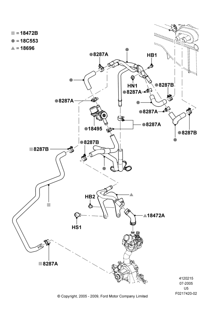 15M - Heater Hoses, All 6 Cylinder Gas Engines, Less Engine Oil Cooler, With Aux Overhead Heater And A/C; 19/JUL/2005-16/DEC/2010