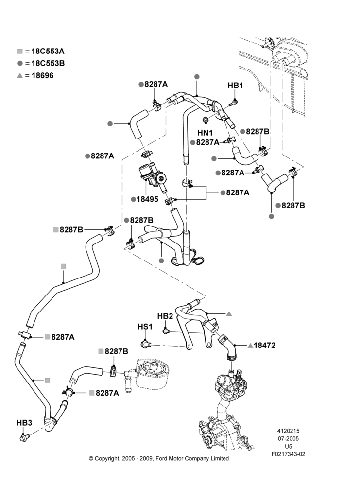 15L - Heater Hoses, All 6 Cylinder Gas Engines, With Aux Overhead Heater And A/C, With Engine Oil Cooler; 19/JUL/2005-16/DEC/2010