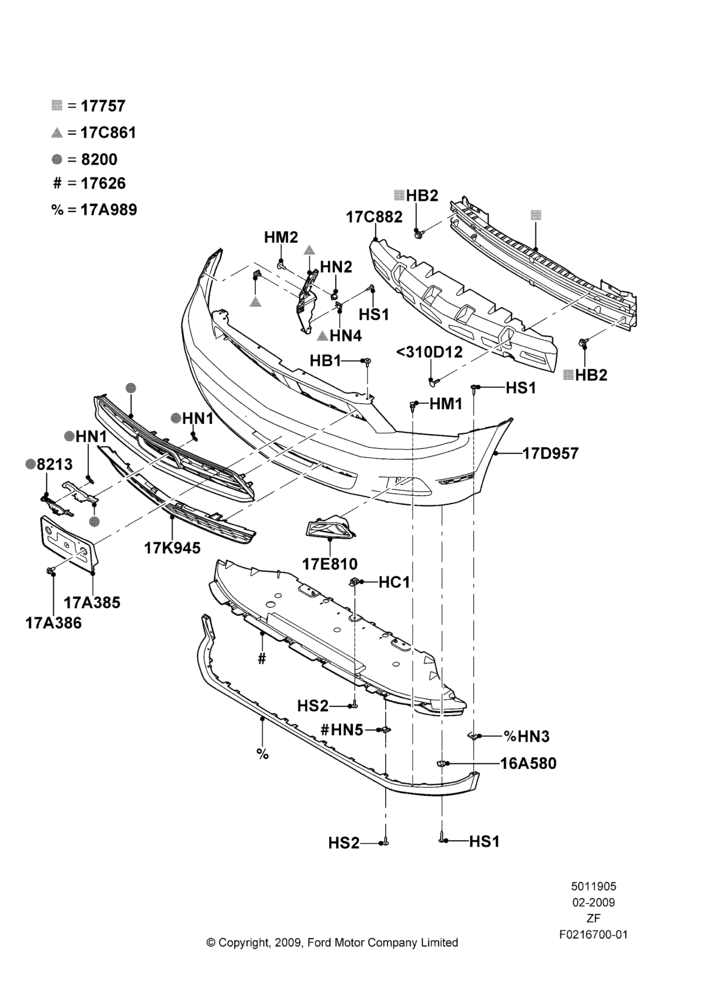 05R - Radiator Grille and Front Bumper, Base, With Pony Package; 26/FEB/2009-27/FEB/2012