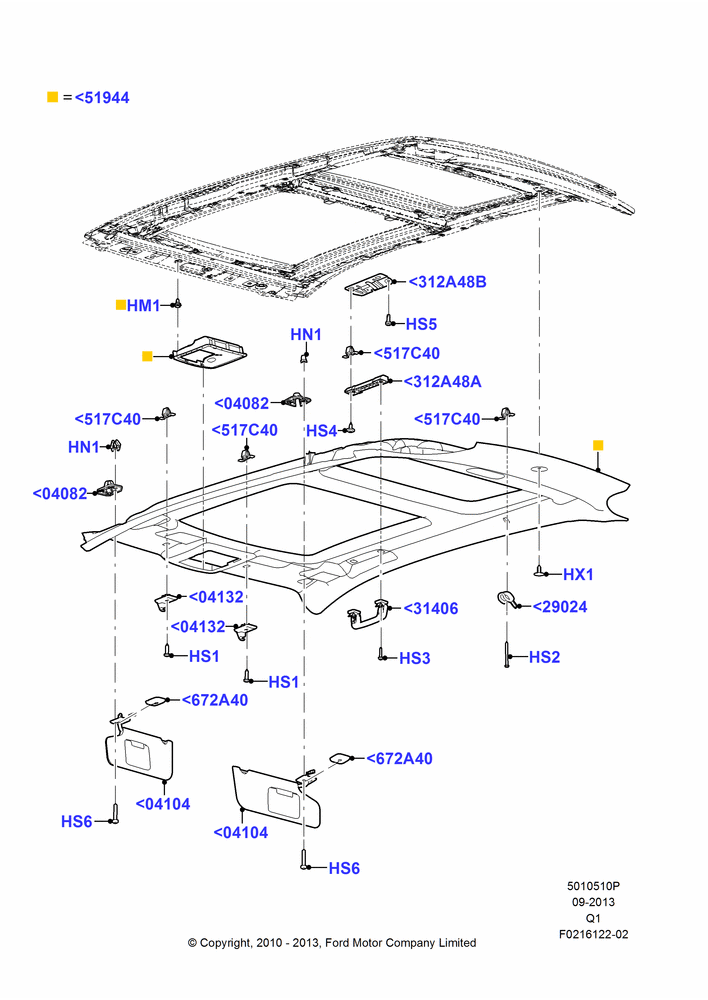 10P - Headlining and Sun Visors, Ford Series, With High Series Open Air Roof; 12/JUL/2010-24/DEC/2014