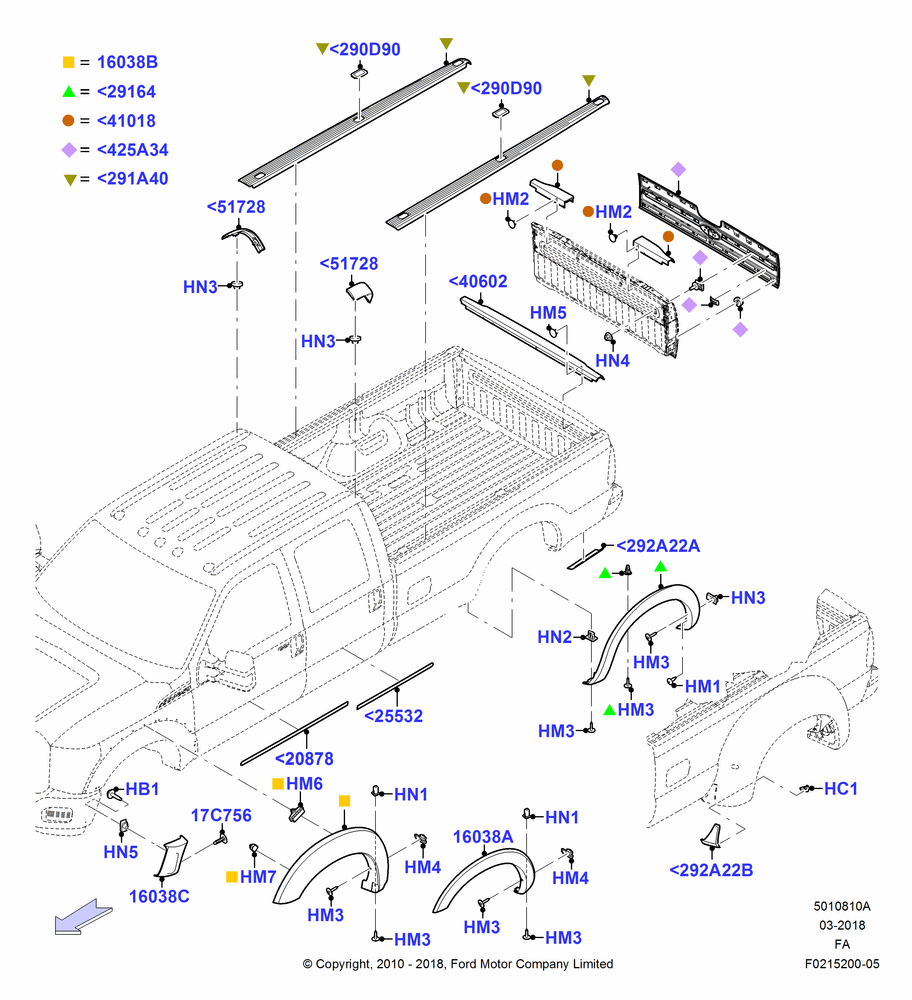 10A - Body Mouldings, Ford 250 Series, Ford 350 Series; 22/FEB/2010-05/JUL/2016