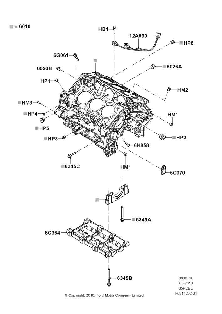 10D - Cylinder Block and Plugs, 3.5L Cyclone V6 Petrol TIVCT; 06/FEB/2012-01/MAR/2019