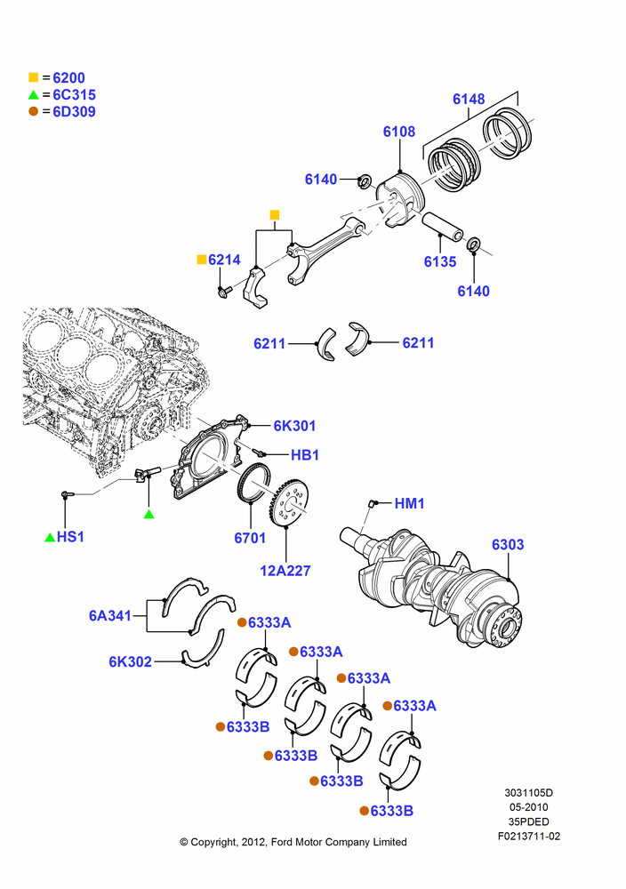 05D - Crankshaft/Pistons and Bearings, 3.5L 4V DOHC VCT SMPI V6 Gas; 12/JUL/2010-24/DEC/2014