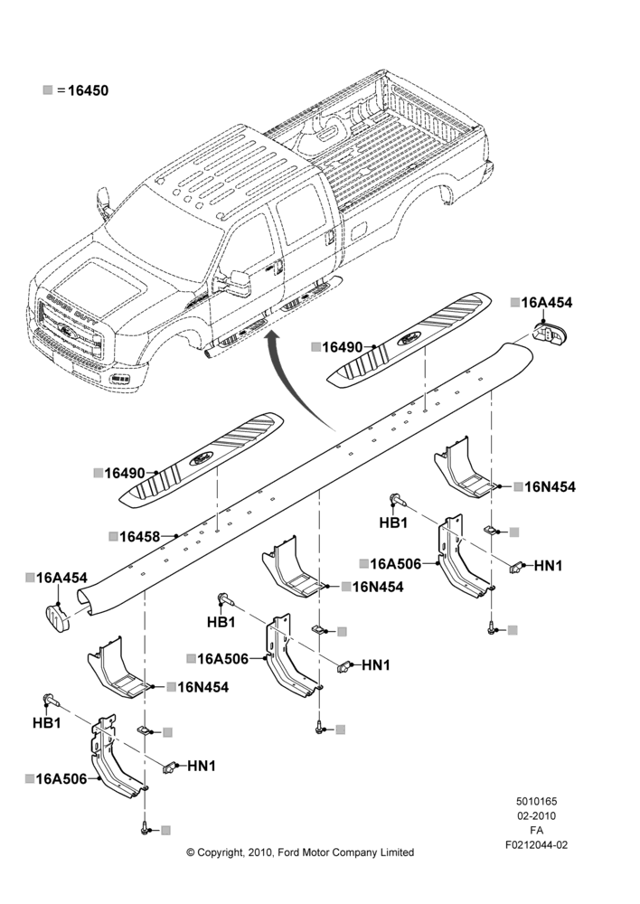 65F - Running Boards/Side Steps, Crew Cab, SD Aux Step-Curv Tube Cr W/O Lights, Production Installed; 22/FEB/2010-05/JUL/2016