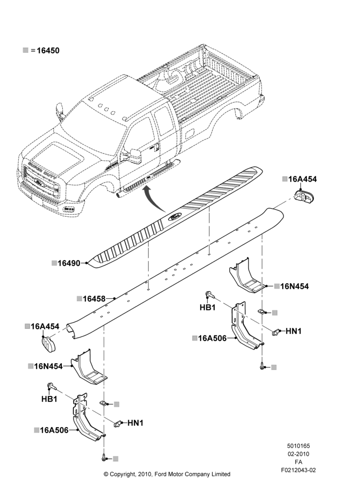 65E - Running Boards/Side Steps, SD Aux Step-Curv Tube Cr W/O Lights, Super Cab, Production Installed; 22/FEB/2010-05/JUL/2016