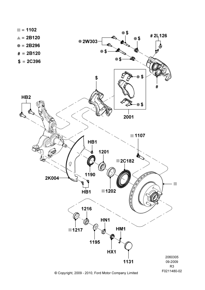 05E - Front Brake Discs and Calipers, LHD RWD; 14/SEP/2009-16/DEC/2011