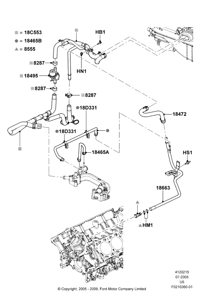 15K - Heater Hoses, All 8 Cylinder Gas Engines, With Aux Overhead Heater And A/C; 19/JUL/2005-16/DEC/2010