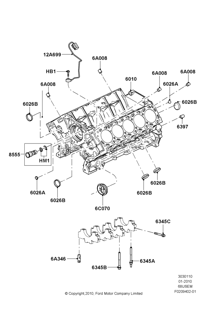 10C - Cylinder Block and Plugs, 6.8L Gas EFI V10; 19/JAN/2010