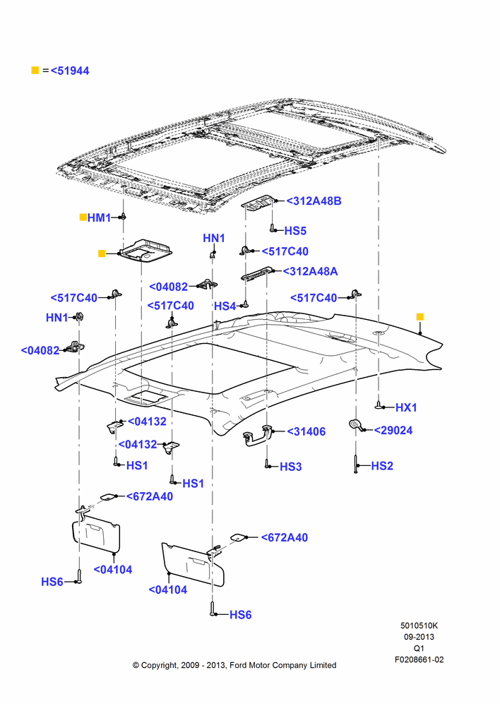 10K - Headlining and Sun Visors, Ford Series, With High Series Open Air Roof; 22/JAN/2010-12/JUL/2010
