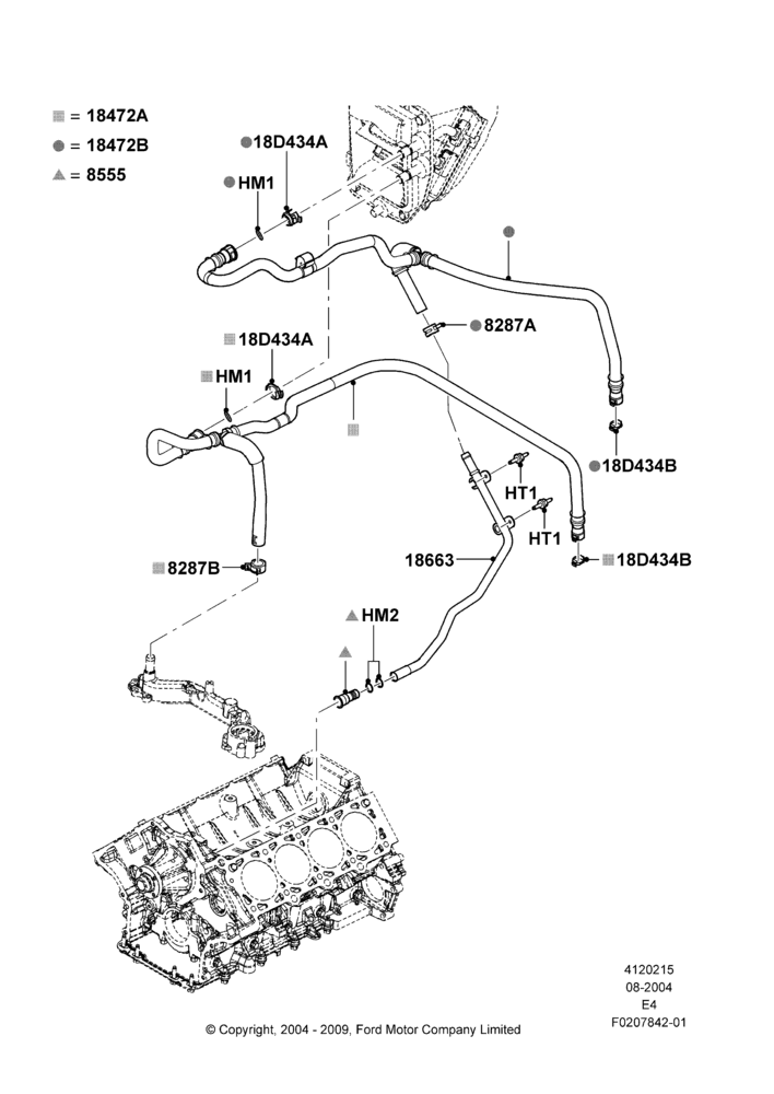 15J - Heater Hoses, 5.4L Modular SOHC V8, 6.8L SOHC EFI NA V10 Gas, All Reg/Ext Vans/Wagons & Cutaway, With Auxiliary Air Conditioning; 02/AUG/2004-18/AUG/2008
