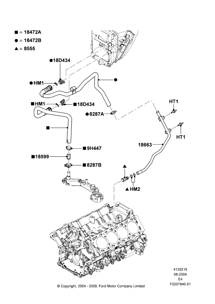 15G - Heater Hoses, 5.4L Modular SOHC V8, 6.8L SOHC EFI NA V10 Gas, All Reg/Ext Vans/Wagons & Cutaway, Less Air Conditioning, Less Heater/Air Con Prep Pack, Manual Air Conditioning; 02/AUG/2004-18/AUG/2008