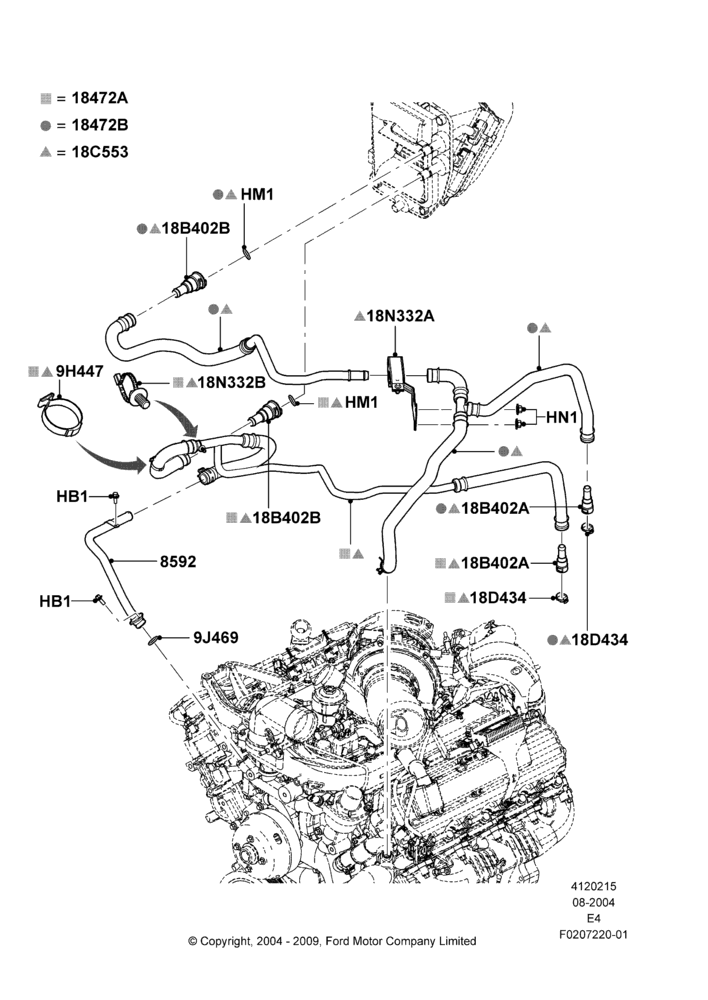 15C - Heater Hoses, 6.0L  OHV Diesel V8 DI, With Auxiliary Air Conditioning; 02/AUG/2004-18/AUG/2008