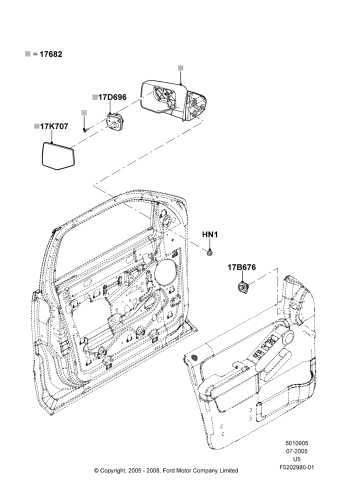 05D - Exterior Rear View Mirror, With Drivers Power Mirror, With Passenger Power Mirror; 19/JUL/2005-15/JUN/2009