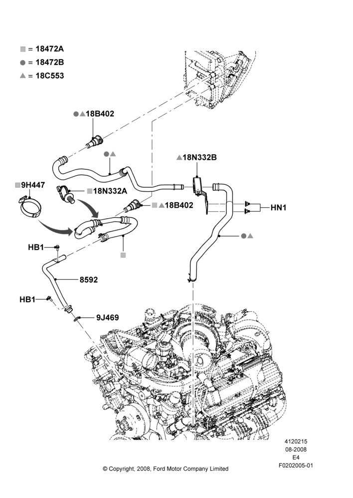 15R - Heater Hoses, 6.0L  OHV Diesel V8 DI, Less Air Conditioning, Less Heater/Air Con Prep Pack, Manual Air Conditioning; 18/AUG/2008-26/JUL/2010