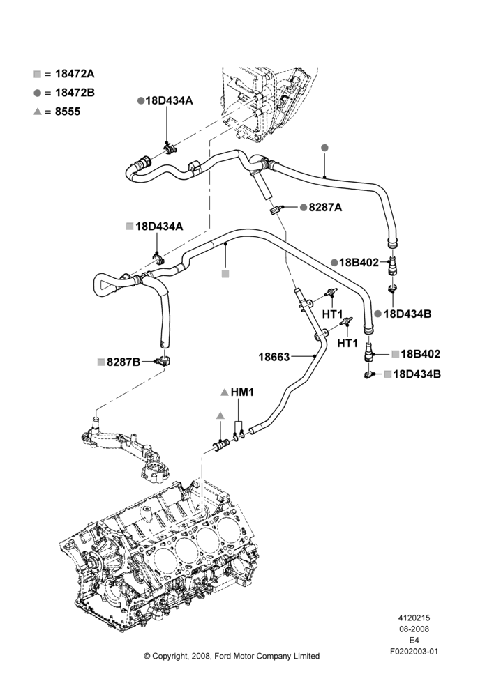 15P - Heater Hoses, 5.4L Modular SOHC V8, 6.8L SOHC EFI NA V10 Gas, All Reg/Ext Vans/Wagons & Cutaway, Heater/AC Prep Pack-Deluxe, Heater/Air Conditioning Prep Pack, Less Air Conditioning, Manual Air Conditioning, With Aux Heater Prep Pack; 18/AUG/2008