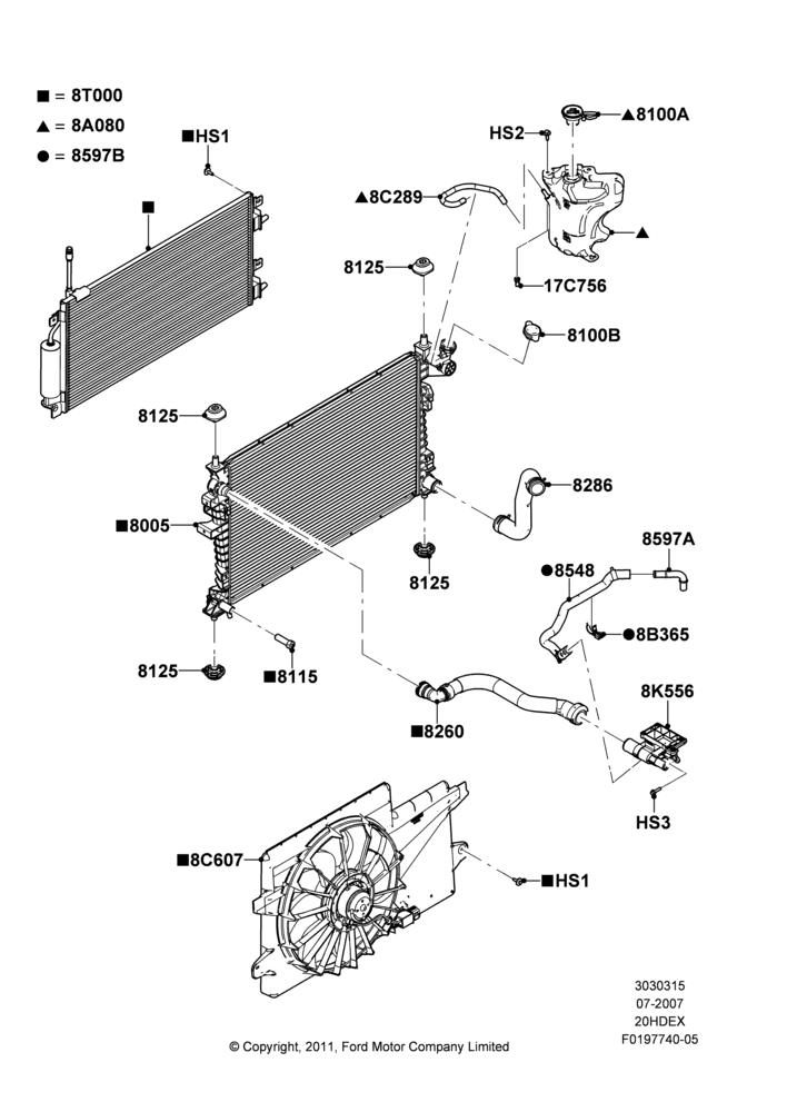 15B - Radiator/Coolant Overflow Container, 2.0L Duratec HE (137PS); 27/AUG/2007-07/DEC/2010