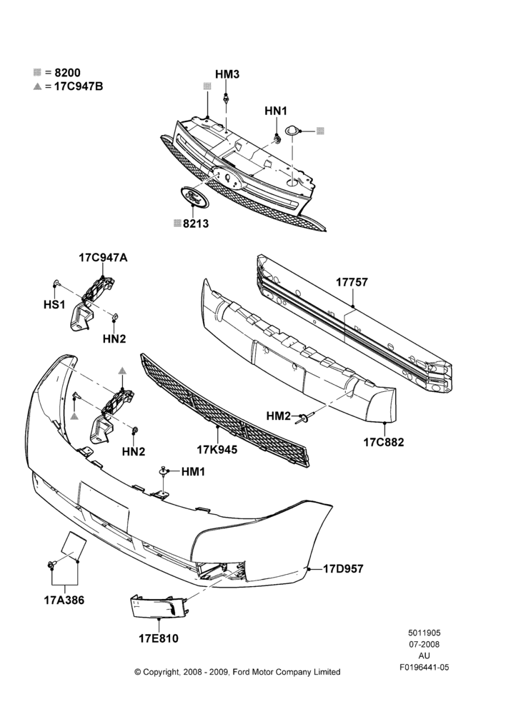 05J - Radiator Grille and Front Bumper, 4 Door Sedan; 21/JUL/2008-20/JUL/2009
